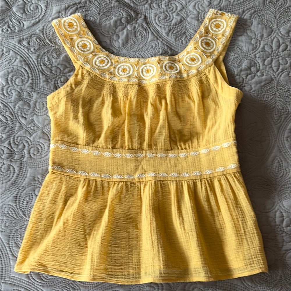 Floreat Yellow Embroidered Scoop Neck Peplum Top, S/XS